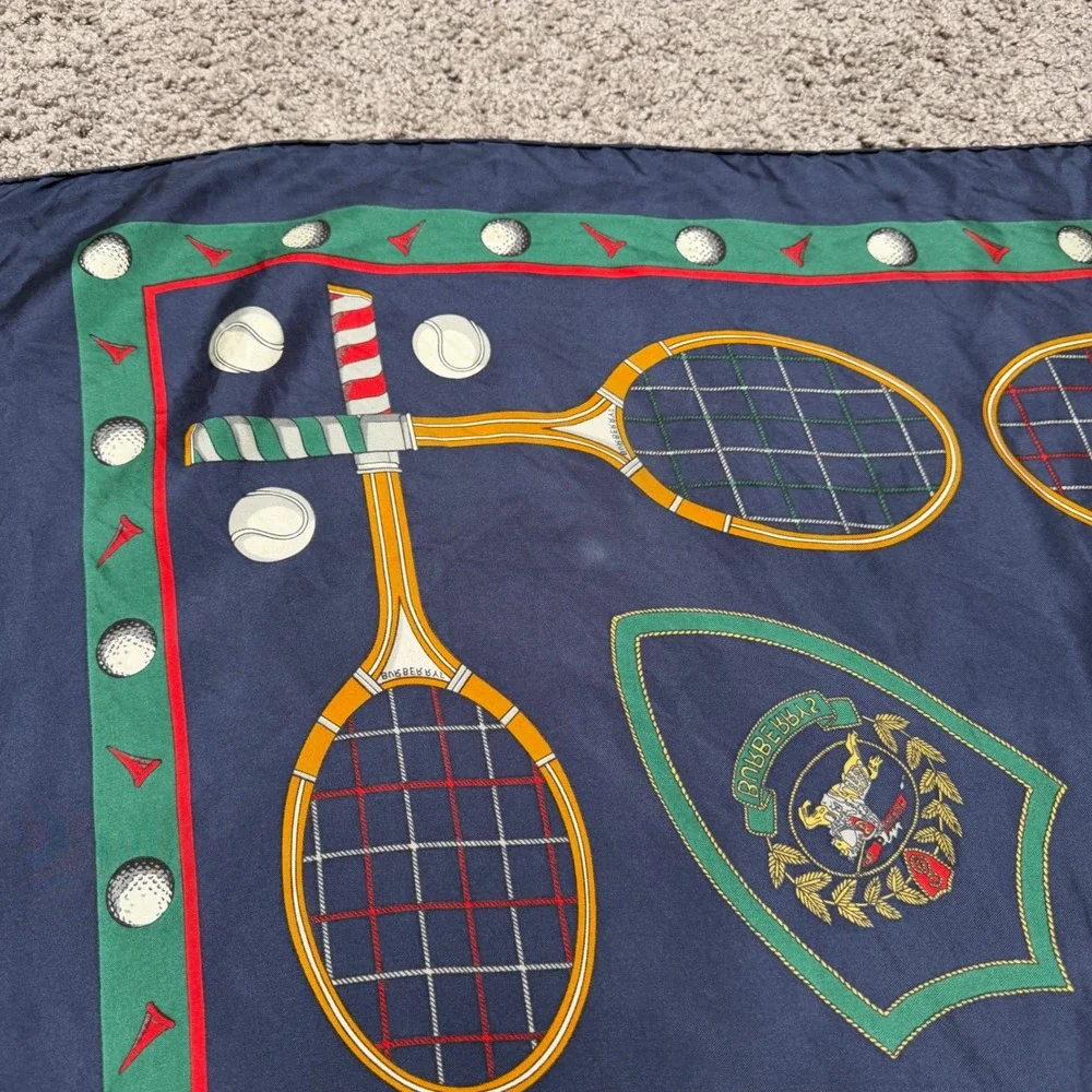 Vintage Burberry 100% Silk Scarf Tennis Golf Sports Navy Blue Square 34